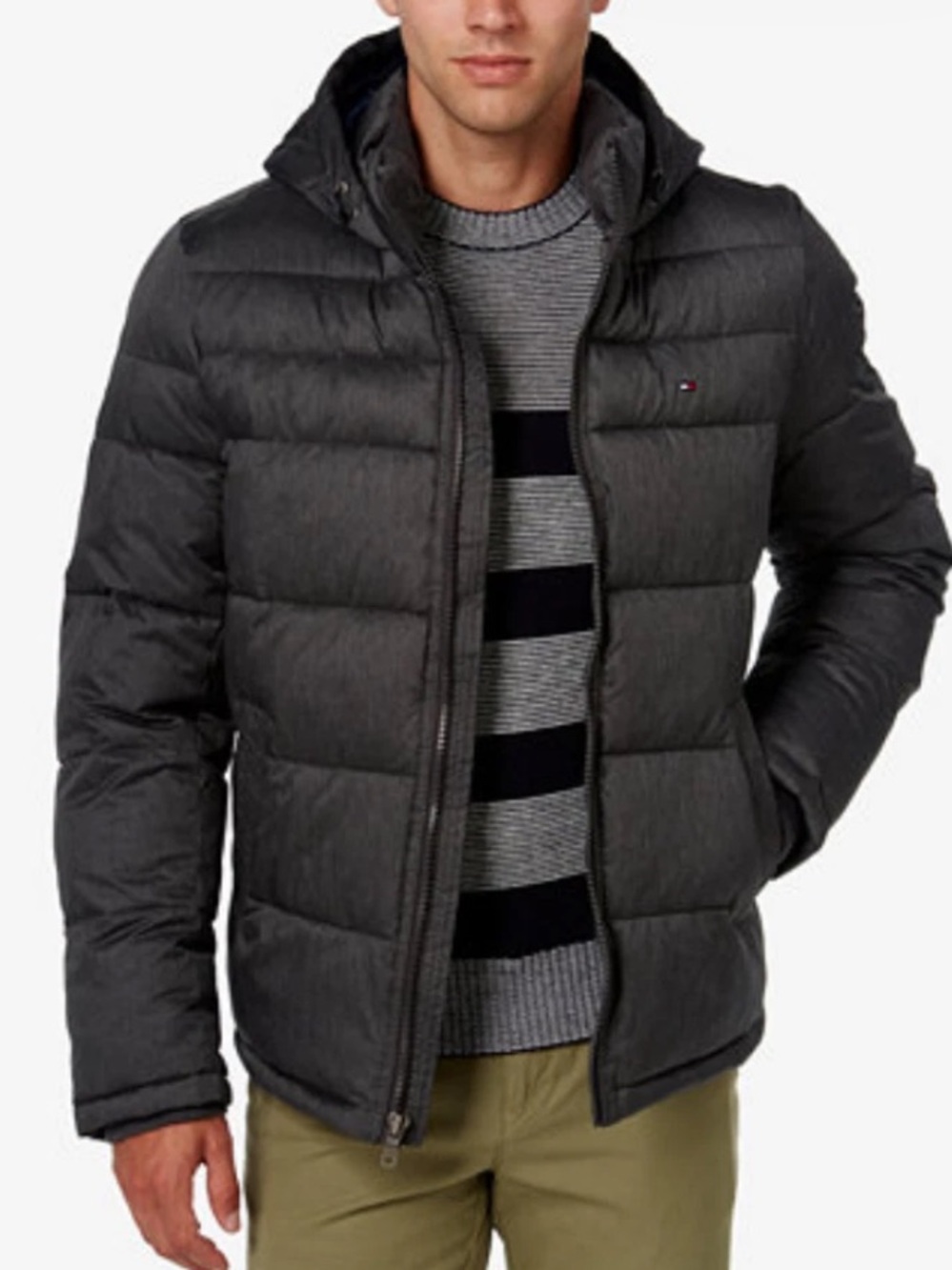 TOMMY HILFIGER Men Hooded Puffer Windresistant Jacket Heather Gray Size L